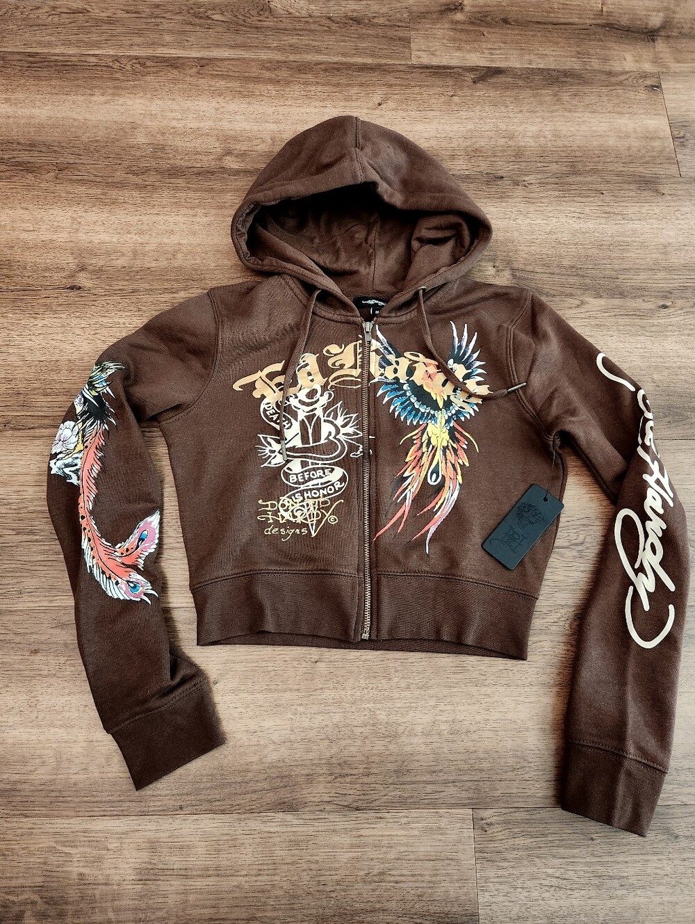 Ed Hardy Phoenix Zip Front Hoodie in Cocoa Cropped Sweatshirt Size Medium